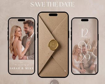 May include: Three smartphone screens displaying a digital save the date template. The left screen shows a couple, the center screen shows a brown envelope with a gold wax seal, and the right screen shows the date 12 06 29. Text includes VIDEO SAVE THE DATE.