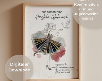 Communion money gift for girls – DIY Communion card – Creative Communion gift – Instant PDF download – Money folded into a skirt