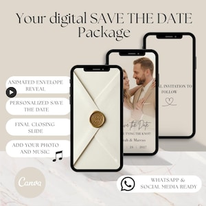 K&ouml;nnte beinhalten: Drei Smartphones zeigen ein digitales Save-the-Date-Paket. Die Bildschirme zeigen einen animierten Umschlag mit goldenem Wachssiegel, ein Paar auf einem Foto mit dem Text Save the Date und eine Folie mit Invitation to Follow.