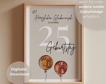 25th Birthday Money Gift for Men and Women – Minimalist DIY Birthday Card – Last Minute Gift for a 25th Birthday – Instant Digital Download