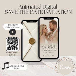Digital Save the Date Wedding Invitation, Canva Template with Envelope Reveal Effect, Animated Video Invite with Wax Seal, Music & Photo