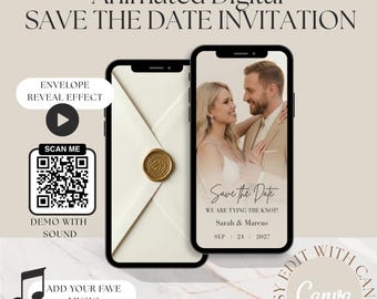 Digital Save the Date Wedding Invitation, Canva Template with Envelope Reveal Effect, Animated Video Invite with Wax Seal, Music & Photo