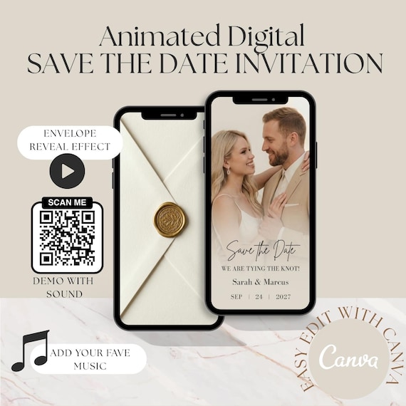 Digital Save the Date Wedding Invitation, Canva Template with Envelope Reveal Effect, Animated Video Invite with Wax Seal, Music & Photo