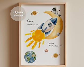 Father's Day Poster DIY Handprint Moon Rocket, Gift for Dad, Crafting with Child "To the Moon and Back" Space, Digital Download PDF