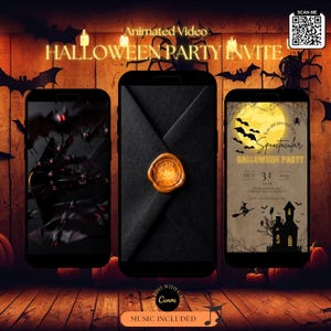 K&ouml;nnte beinhalten: Drei Smartphones mit einer animierten Halloween-Party-Einladung. Der linke Bildschirm zeigt fliegende Flederm&auml;use, die Mitte einen schwarzen Umschlag mit goldenem Wachssiegel und rechts eine Einladung mit Mond, Hexe und Spukhaus.