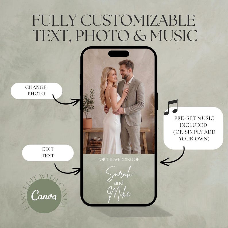 May include: A smartphone screen displays a customizable wedding invitation template featuring a photo of a couple, with text reading FULLY CUSTOMIZABLE TEXT, PHOTO & MUSIC, CHANGE PHOTO, EDIT TEXT, FOR THE WEDDING OF Sarah and Mike, and PRE-SET MUSIC INCLUDED.
