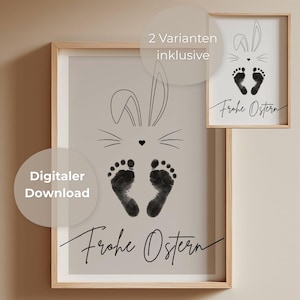 Könnte beinhalten: Gerahmter Kunstdruck mit einem minimalistischen Hasen-Design, Fußabdrücken und dem Text "Frohe Ostern". Das Kunstwerk ist in Schwarz und Weiß gehalten, vor einem hellbeigen Hintergrund. Der Druck befindet sich in einem Holzrahmen, mit den Worten "Digitaler Download" links.
