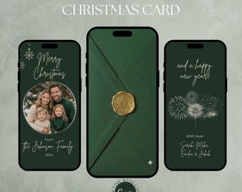 May include: Three smartphones displaying an animated Christmas card template. The screens feature a dark green background, a circular family photo, a gold wax seal graphic, fireworks illustrations, and text including Merry Christmas.