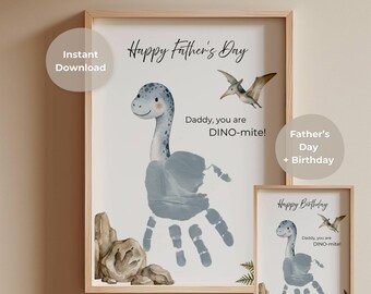 Dinosaur Handprint Art, 1st fathers day card, Daddy Birthday Craft from Kids, You are Dino-mite Gift, DIY Toddler Baby Footprint Printable