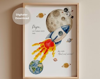 Verjaardagscadeau voor papa, zelfgemaakte raket van handafdrukken, cadeau voor papa, knutselen met kinderen, naar de maan en terug, digitale download (pdf)