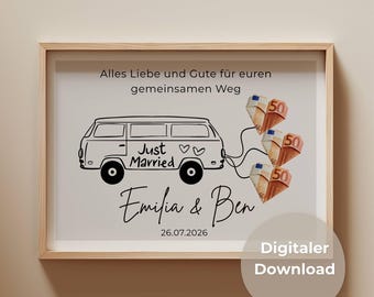 Trouwcadeau in de vorm van een VW-bus, gepersonaliseerde poster, trouwcadeauverpakking, reiscadeau voor het bruidspaar, wereldreis, PDF downloaden