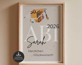 Gepersonaliseerd geldcadeau voor eindexamenkandidaten in 2026, afstudeercadeau voor meisjes en jongens, afstudeerposter met afstudeerhoed, lastminute digitale download (PDF)