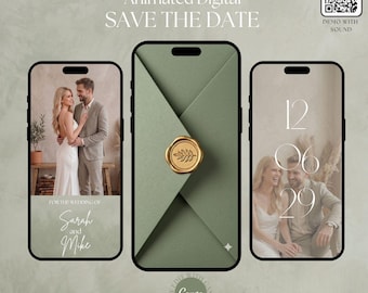 Invito digitale Save the Date con video, rivelazione animata della busta, modello Canva verde salvia con immagine, invito digitale per dispositivi mobili, invito digitale