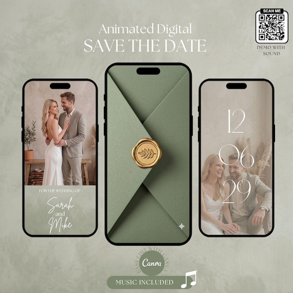 Save the Date Digital Video Invitation, Animated Envelope Reveal, Sage Green Canva Template with picture,  Mobile Evite, Digital Invite