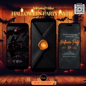 Könnte beinhalten: Drei Smartphones zeigen eine Vorlage für eine Halloween-Party-Einladung. Die Bildschirme zeigen einen Schwarm Fledermäuse, einen schwarzen Umschlag mit goldenem Wachssiegel und Party-Details mit dem Text: You are invited to a spooctacular Halloween Party.