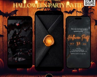 May include: Three smartphones displaying a Halloween party invitation template. The screens show a swarm of bats, a black envelope with a gold wax seal, and party details with the text: You are invited to a spooctacular Halloween Party.