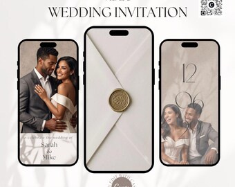 Digital Wedding Invitation Template, Animated Mobile Phone E-Invite, Editable Canva Wedding Invitation, Photo Wedding Invitation Greige
