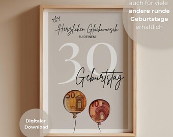 Geldcadeau voor de 30e verjaardag voor mannen en vrouwen – Minimalistische doe-het-zelf verjaardagskaart – Lastminute cadeau voor de 30e verjaardag – Direct digitaal te downloaden