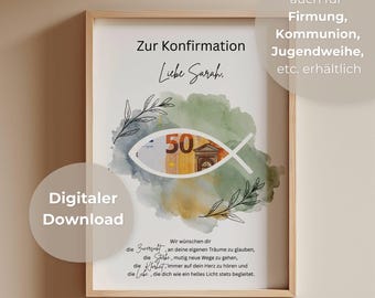 Personalized Confirmation Money Gift | Watercolor Fish Motif | Modern Gift for Godchild | Confirmation Gift for Boys & Girls | PDF