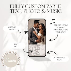 Puede incluir: Una pantalla de smartphone muestra una plantilla de invitaci&oacute;n de boda con una pareja, incluyendo el texto FULLY CUSTOMIZABLE TEXT, PHOTO & MUSIC, CHANGE PHOTO, EDIT TEXT, PRE-SET MUSIC INCLUDED, CUSTOMIZE DATE, FOR THE WEDDING OF Sarah and Mike, y Canva.