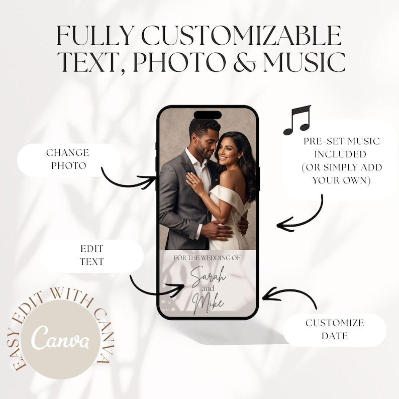 Puede incluir: Una pantalla de smartphone muestra una plantilla de invitaci&oacute;n de boda con una pareja, incluyendo el texto FULLY CUSTOMIZABLE TEXT, PHOTO & MUSIC, CHANGE PHOTO, EDIT TEXT, PRE-SET MUSIC INCLUDED, CUSTOMIZE DATE, FOR THE WEDDING OF Sarah and Mike, y Canva.