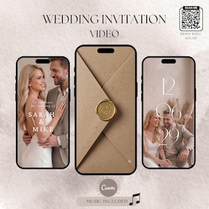 Puede incluir: Una plantilla de video de invitaci&oacute;n de boda mostrada en tres tel&eacute;fonos inteligentes. El tel&eacute;fono central muestra un sobre marr&oacute;n con un sello de cera dorado. Los tel&eacute;fonos laterales presentan a una pareja con el texto Sarah & Mike y la fecha 12 06 29. Incluye un c&oacute;digo QR.
