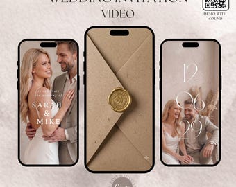 Digital Wedding Invitation Video Boho, Animated Canva Template with picture, Kraft Envelope Reveal Effect, Electronic Smartphone Invite