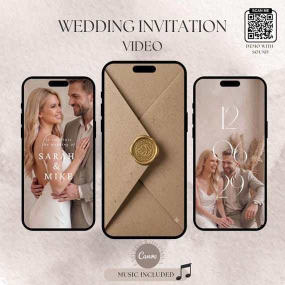 Digital Wedding Invitation Video Boho, Animated Canva Template with picture, Kraft Envelope Reveal Effect, Electronic Smartphone Invite
