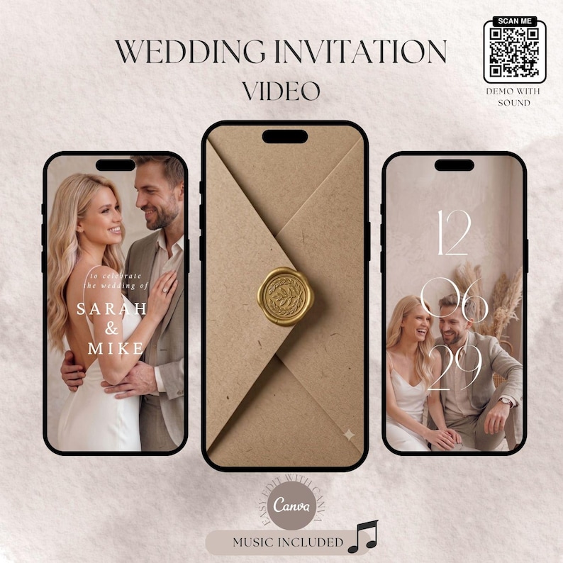 Puede incluir: Una plantilla de video de invitaci&oacute;n de boda mostrada en tres tel&eacute;fonos inteligentes. El tel&eacute;fono central muestra un sobre marr&oacute;n con un sello de cera dorado. Los tel&eacute;fonos laterales presentan a una pareja con el texto Sarah & Mike y la fecha 12 06 29. Incluye un c&oacute;digo QR.
