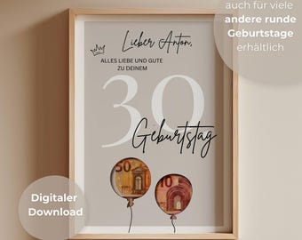 Gepersonaliseerd geldcadeau voor de 30e verjaardag | Cadeau-idee voor mannen en vrouwen die 30 worden | DIY verjaardagskaart voor een mijlpaal | Minimalistische verjaardagskaart | PDF