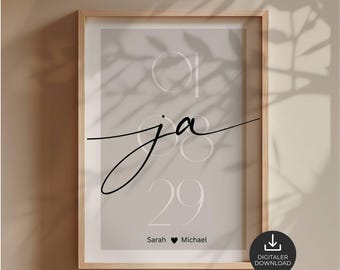 Huwelijksgeschenk voor het bruidspaar met datum en namen | Gepersonaliseerde "Ja"-poster voor de bruiloft | Geldgeschenken voor de bruiloft | Digitale download