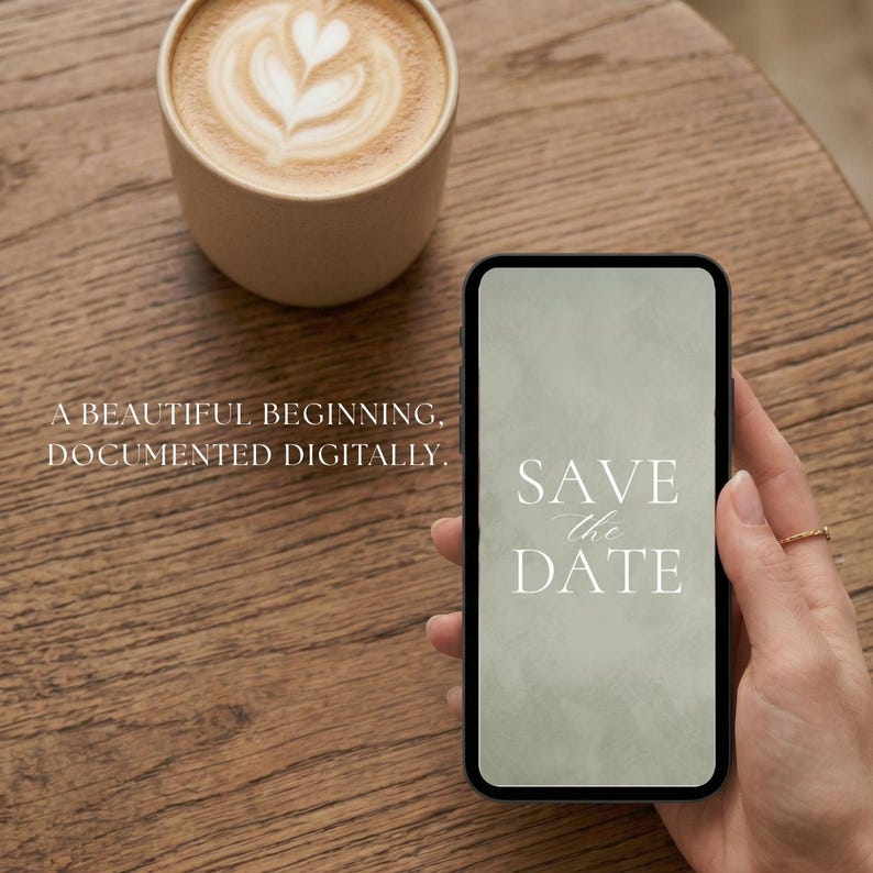 May include: A smartphone displaying a digital Save the Date announcement with sage green watercolor background and white serif text. The screen reads A BEAUTIFUL BEGINNING, DOCUMENTED DIGITALLY and SAVE THE DATE. A cup of latte with heart latte art is nearby.