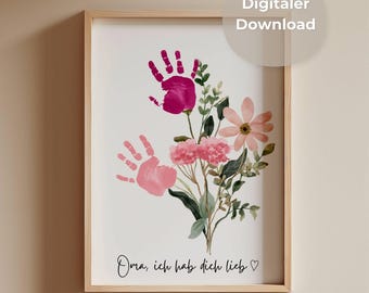 DIY-cadeau voor oma, handafdruksjabloon voor een bloemenboeket in aquarel, lastminutecadeau, Pasen, Moederdag, digitale download