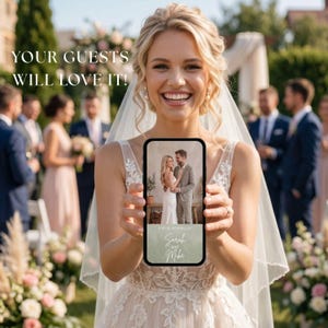 May include: A smartphone displaying a digital wedding invitation with a photo of a couple and the text "Sarah and Mike" held by a person in a white lace wedding dress and veil. The screen also features the text "YOUR GUESTS WILL LOVE IT!"