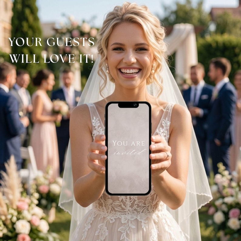 Puede incluir: Un tel&eacute;fono inteligente que muestra el texto YOU ARE invited en su pantalla, sostenido frente a una escena de boda con el texto YOUR GUESTS WILL LOVE IT! superpuesto en la esquina superior izquierda de la imagen.