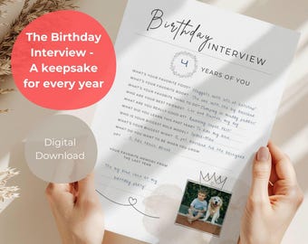 May include: A birthday interview printable with the title "Birthday Interview" and the number "4" in a wreath. The text includes questions about favorite things and a photo of a child and dog. The text "Digital Download" is also present.