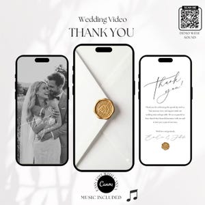 Op de afbeelding: Drie smartphones met een digitale trouw-bedankvideo sjabloon. Het linker scherm toont een zwart-witfoto van een koppel, het midden een witte envelop met een gouden waszegel en het rechter scherm toont een bedanktekst.