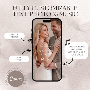 Puede incluir: Una pantalla de smartphone muestra una plantilla de invitaci&oacute;n de boda con una pareja abrazada. El texto dice FULLY CUSTOMIZABLE TEXT, PHOTO & MUSIC, CHANGE PHOTO, EDIT TEXT y PRE-SET MUSIC INCLUDED (OR SIMPLY ADD YOUR OWN). Aparecen los nombres SARAH & MIKE.