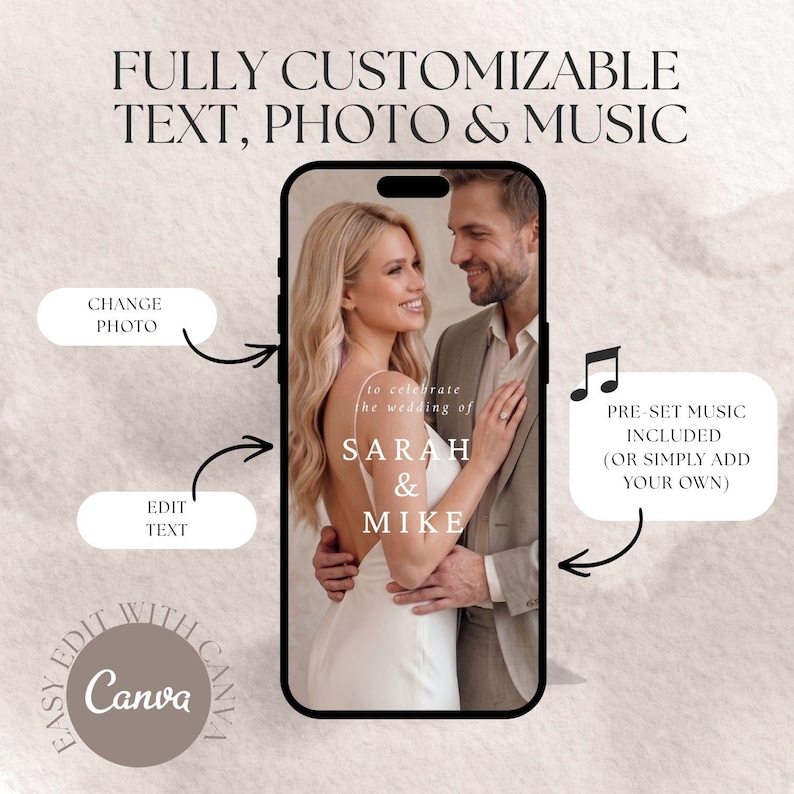 Puede incluir: Una pantalla de smartphone muestra una plantilla de invitaci&oacute;n de boda con una pareja abrazada. El texto dice FULLY CUSTOMIZABLE TEXT, PHOTO & MUSIC, CHANGE PHOTO, EDIT TEXT y PRE-SET MUSIC INCLUDED (OR SIMPLY ADD YOUR OWN). Aparecen los nombres SARAH & MIKE.