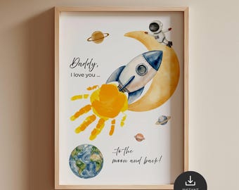 Verjaardagscadeau voor papa van de baby, verjaardag van een kersverse papa, raket handafdruk kunst, 'Naar de maan en terug' baby aandenken, zelf te printen poster knutselwerk