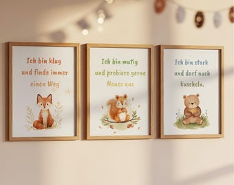 Set van 3 posters voor de kinderkamer | Dierenaffirmations | Aquarel dierenafbeeldingen | Digitale download