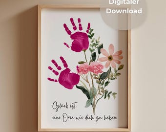 Moederdagcadeau voor oma, verjaardagscadeau voor oma van kleinkind, bloemen met handafdruksjabloon, gepersonaliseerde doe-het-zelf poster, digitale download