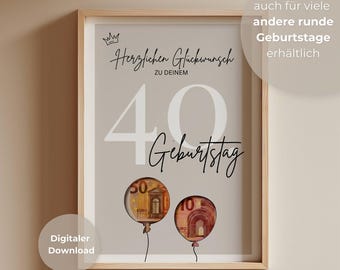 40th Birthday Money Gift for Men and Women – Minimalist DIY Birthday Card – Last Minute 40th Birthday Gift – Instant Digital Download