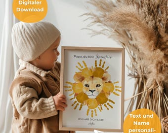 Gepersonaliseerde handafdruksjabloon voor Vaderdag met leeuw, Papa, jij bent leeuwensterk, doe-het-zelf cadeau voor papa's verjaardag, digitale download PDF A4