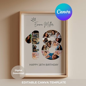 May include: A framed photo collage with the number 18 formed by multiple photos of a person. The name "Emma Miller" and a crown are above the number. The text "HAPPY 18TH BIRTHDAY" is below the number. The Canva logo is in the upper right corner.
