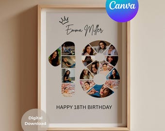 May include: A framed photo collage with the number 18 formed by multiple photos of a person. The name "Emma Miller" and a crown are above the number. The text "HAPPY 18TH BIRTHDAY" is below the number. The Canva logo is in the upper right corner.