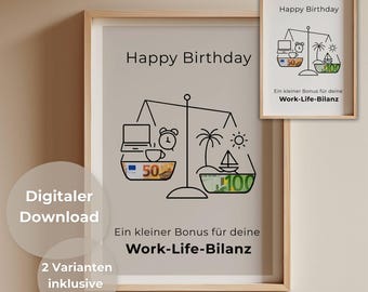 Geldcadeau voor reizen en vakantie | Balans tussen werk en privé | Grappig verjaardagscadeau voor een collega | DIY-cadeau-idee voor een reisbudget | Digitale download