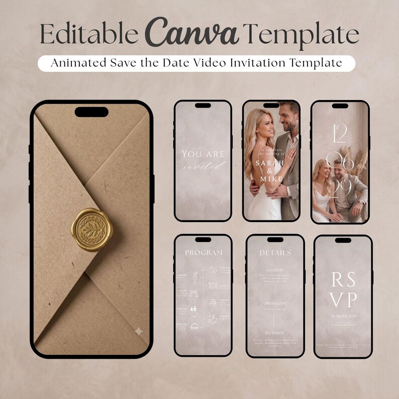 Puede incluir: Una plantilla de Canva editable para una invitaci&oacute;n de video animada de save the date. El dise&ntilde;o presenta un sobre de papel kraft con un sello de cera dorado y varias pantallas de tel&eacute;fono inteligente que muestran detalles de boda y fotos.