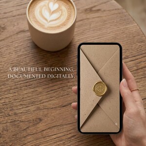Puede incluir: Un tel&eacute;fono inteligente muestra un sobre de color canela con un sello de cera dorado en la pantalla. El texto A BEAUTIFUL BEGINNING, DOCUMENTED DIGITALLY es visible. Una taza de caf&eacute; con leche y espuma en forma de coraz&oacute;n est&aacute; cerca.