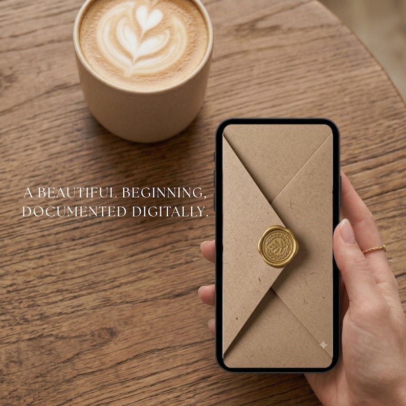 Puede incluir: Un tel&eacute;fono inteligente muestra un sobre de color canela con un sello de cera dorado en la pantalla. El texto A BEAUTIFUL BEGINNING, DOCUMENTED DIGITALLY es visible. Una taza de caf&eacute; con leche y espuma en forma de coraz&oacute;n est&aacute; cerca.